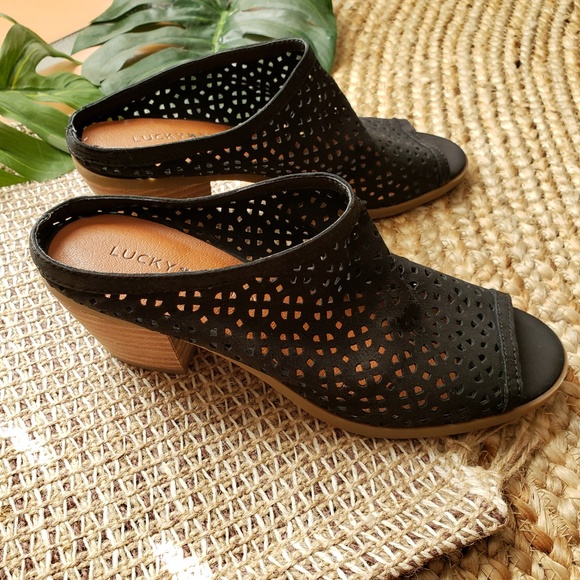 Lucky Brand Shoes - Lucky Brand Black Leather Peep Toe Mules Sz 5.5